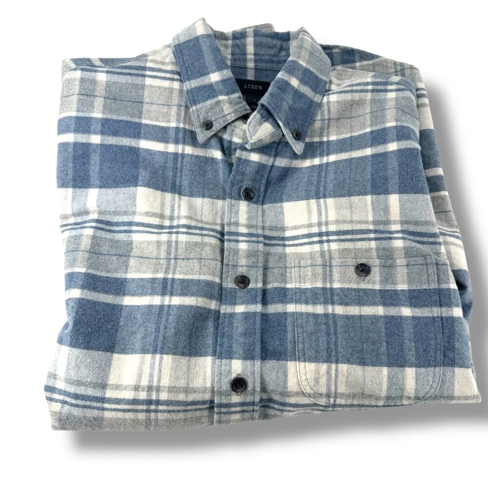 J Crew Flannel Shirt Mens Small Blue Plaid Leather Elbow Patches Preppy Academia